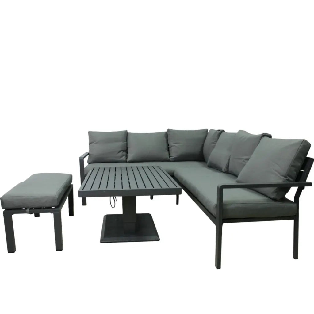 Salotto da giardino ad angolo 7 posti in alluminio grigio con tavolo regolabile e pouf – FERONA