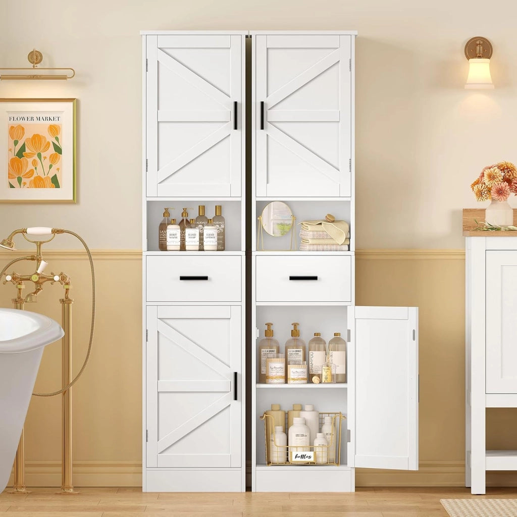 Mobiletto Bagno Salvaspazio con Ante Regolabili, Mobile Bagno Alto con 2 Ante e 1 Cassetto, Colonna Bagno con Ripiani Regolabili, Mobiletto compatto da terra, Bianco 40x30x170cm