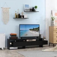 Mobile Porta TV Moderno con 2 Mensole in Legno, Vani Aperti e Armadietti, Nero