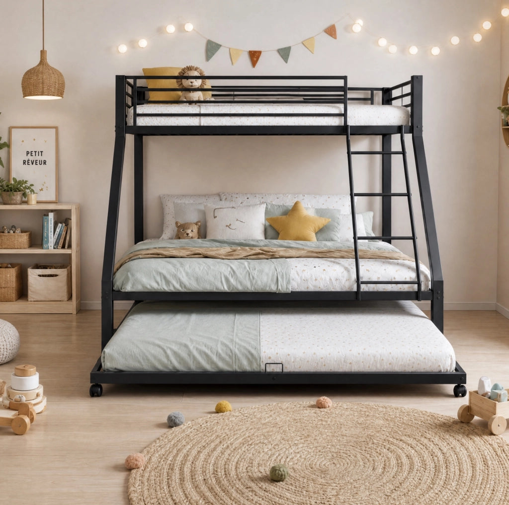 Letto a castello in metallo nero 3 in 1 con letto estraibile