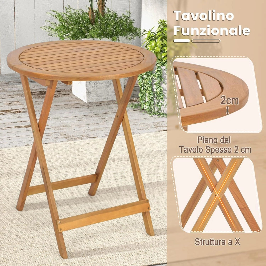 Set Tavolino e Sedie da Giardino in Legno di Acacia, Set Mobili di 3 Pezzi da Giardino Pieghevole, Set di Bistrò per Giardino Patio Coltile, Tavolino Porta 75 kg, Sedia Portata 160 kg