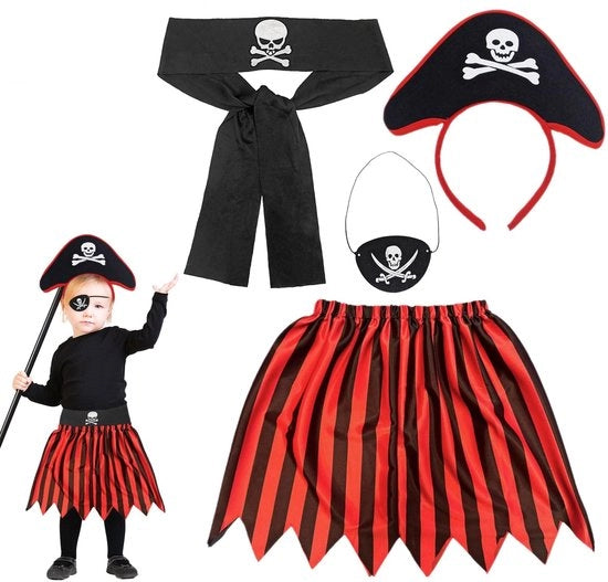 Costume Pirata per Bambini 4 pezzi - Giacca Pirata - Cintura con Teschio - Cappello con Riem - Occhiali da Pirata - Adatto per bambini da 3 a 8 anni