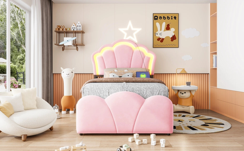 DESMIU Letto Contenitore 90 × 200 cm 1 Piazza con LED, Prese, Ripiani nella Testiera, Senza Materasso, Velluto, Rosa
