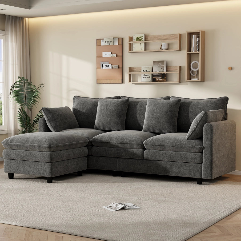 Divano angolare 3 posti con chaise longue mobile e 4 cuscini in ciniglia grigia 212×150×90 cm