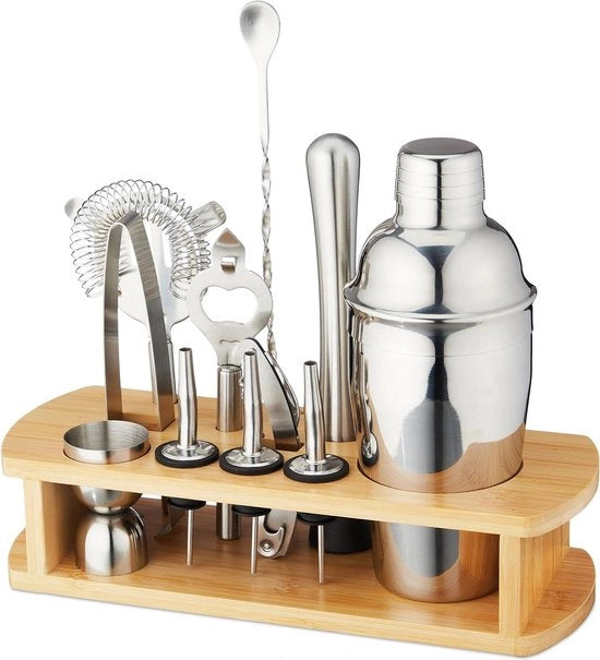 Set di cocktail 12 pezzi con holder - Shaker - Cucchiaio da bar - Accessori da cocktail in argento/natura