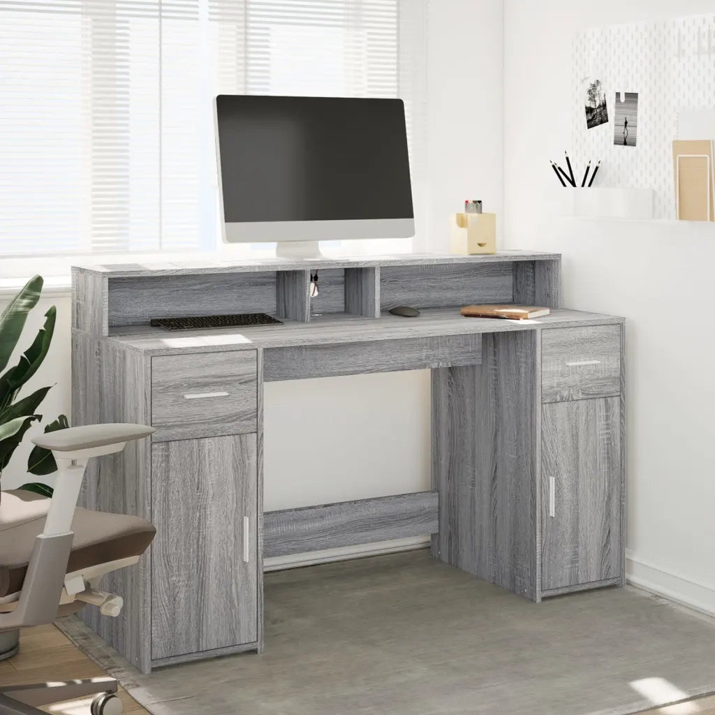 Scrivania | Tavolo da Ufficio con Luci LED Grigio Sonoma 140x55x91cm in Multistrato