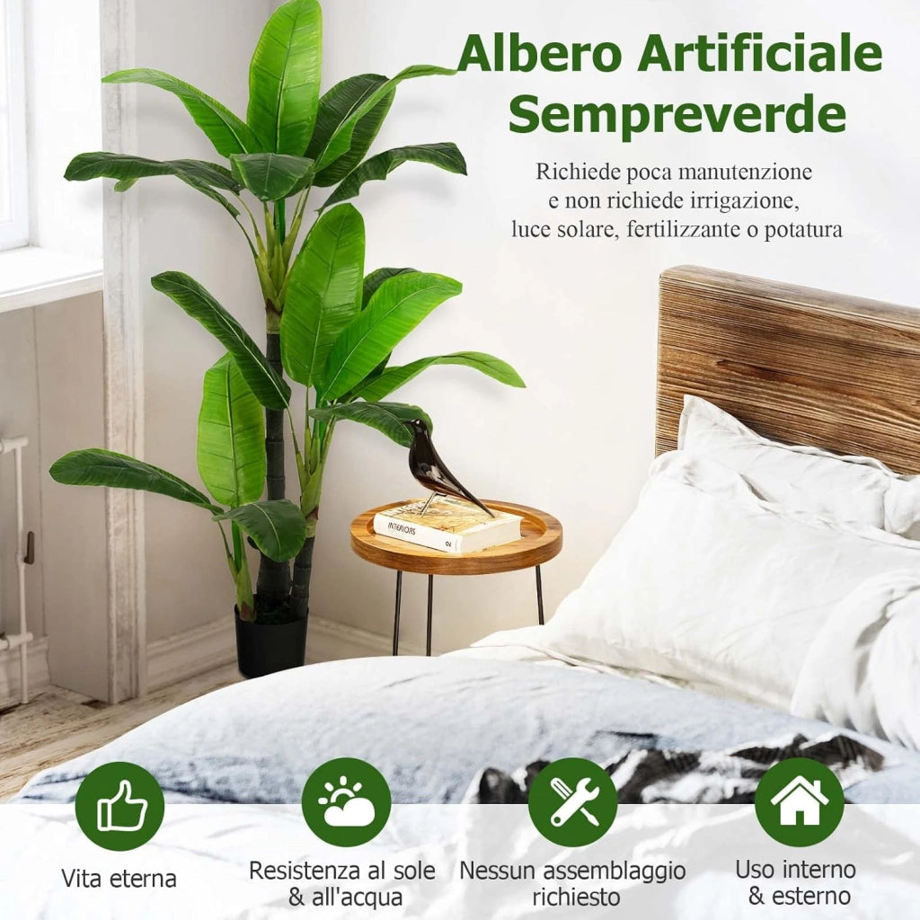 Pianta Finta Artificiale da 150 cm, Albero di Areca Artificiale con Supporto in Cemento, 18 Foglie in Plastica PE e 3 Rami, Ideale per Casa, Negozio e Ufficio, Verde