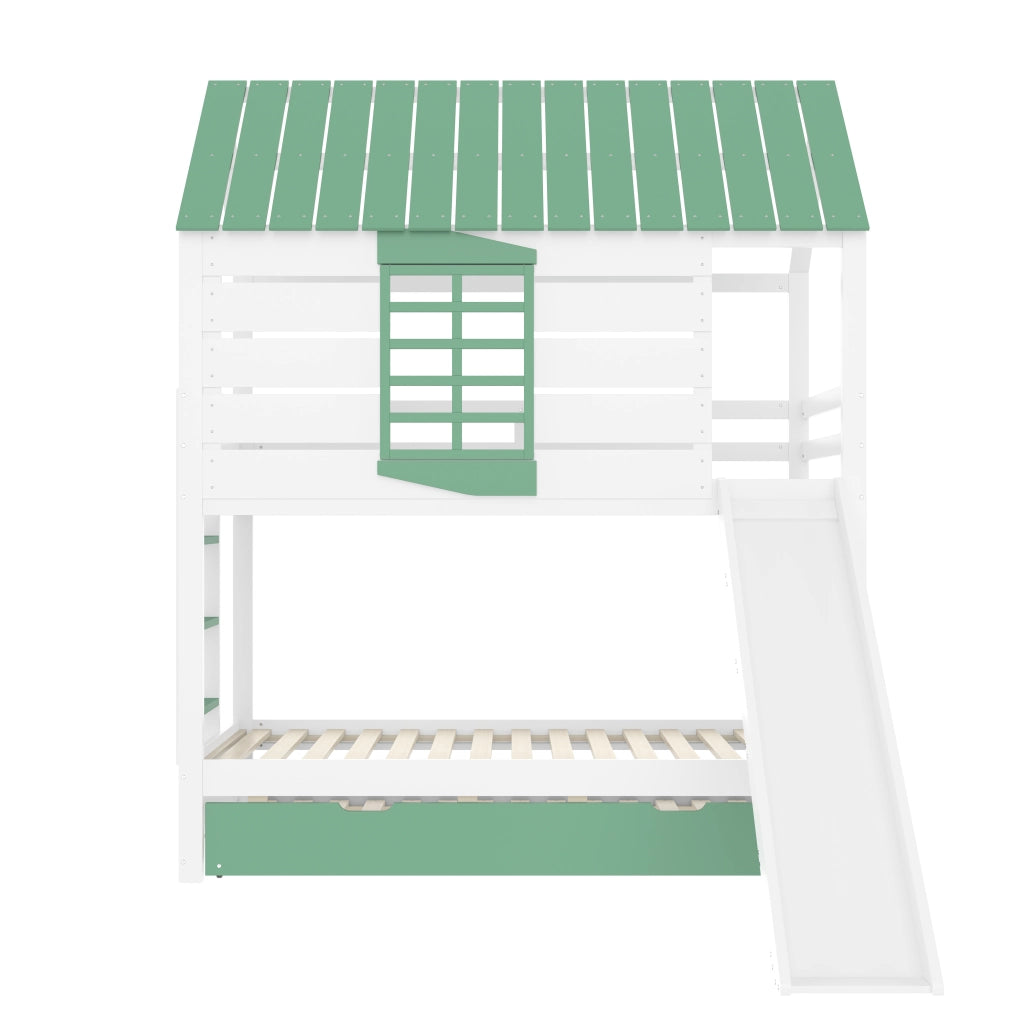 OKWISH Letto a Castello 90×200 cm, Letto Singolo con Scivolo, Letto estraibile, Sponde e Scala, senza Materasso, Bianco Verde