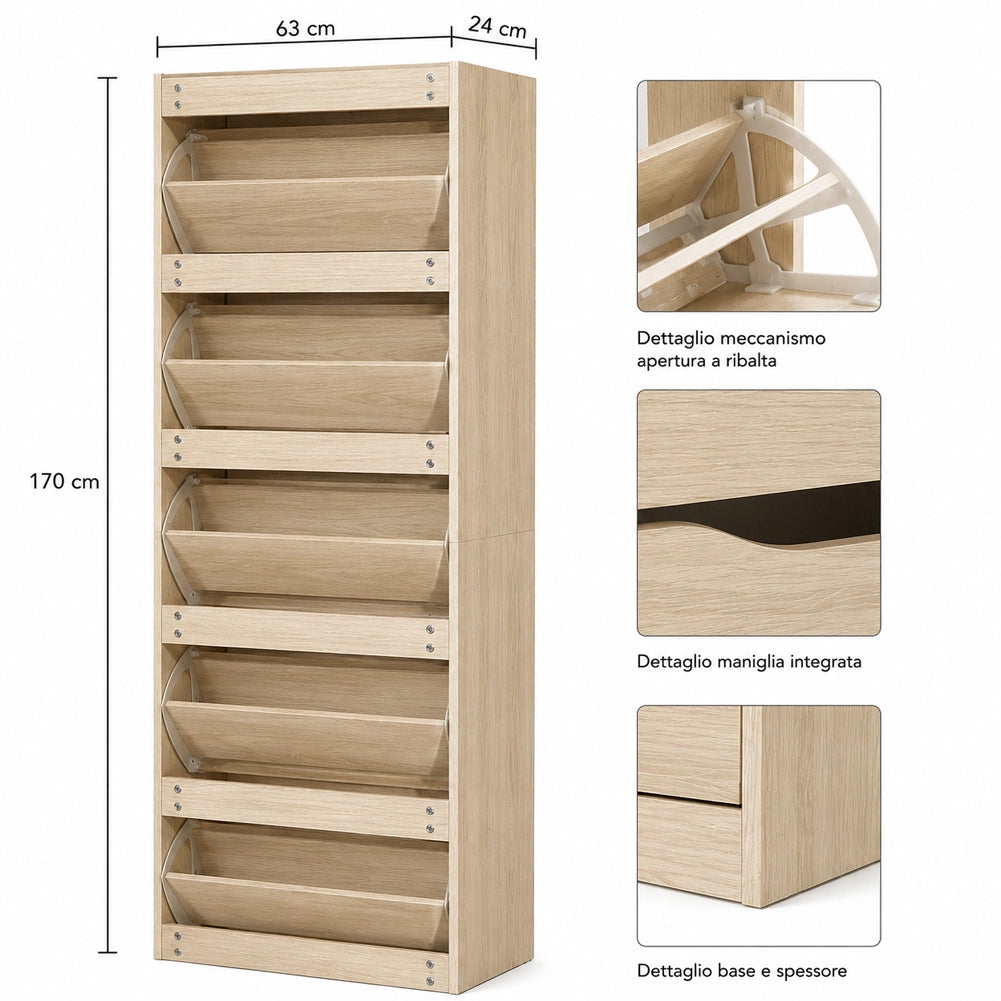 Scarpiera 5 Ripiani Olmo con Maniglia Scomparsa Scarpe Salvaspazio 63x24x170cm