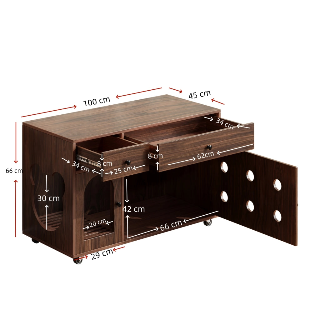Mobile copri lettiera per gatti con 2 cassetti e vaschetta estraibile, per soggiorno, in MDF, noce, 100 × 45 × 66 cm