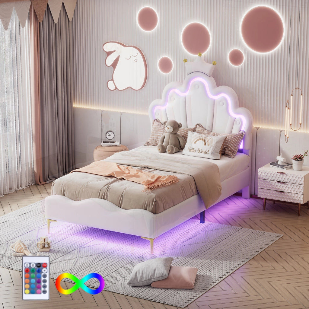 OKWISH Letto Bambini 90×200 cm, Letto Singolo con LED Regolabile, Testiera a Corona e Luce Sotto Letto, senza Materasso, PU Bianco