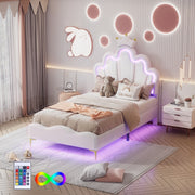 OKWISH Letto Bambini 90×200 cm, Letto Singolo con LED Regolabile, Testiera a Corona e Luce Sotto Letto, senza Materasso, PU Bianco