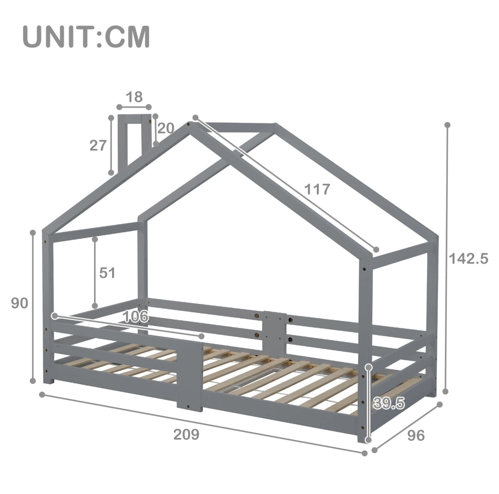 Letto a casetta per bambini 90x200 cm in legno massello di pino; grigio