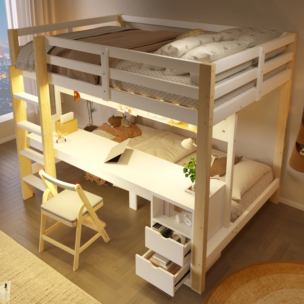 LETTO A CASTELLO 140x200/90x200 cm Pino Bianco e Naturale con cassetti e scrivania