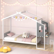 Letto Matrimoniale/Singolo con Scrivania, Letto Piattaforma in Legno con Testiera a Staccionata Ganci e Cassetti, 200x140/200x90 cm, Carico 320/150kg (200x90 cm)