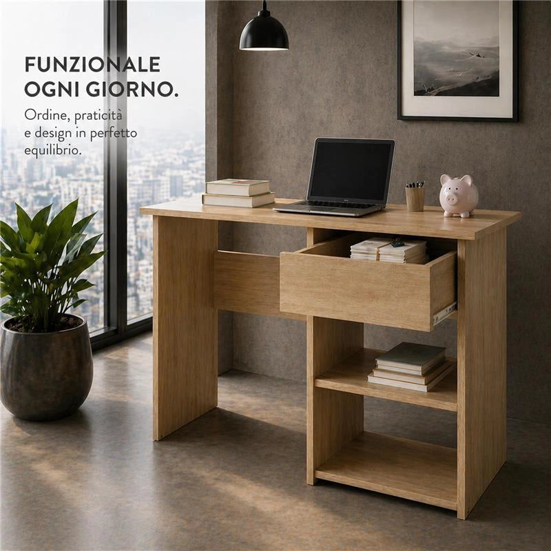 SCRIVANIA PER UFFICIO O CAMERA IN MDF ROVERE CON CASSETTO E RIPIANI MISURE 88X45X75 CM