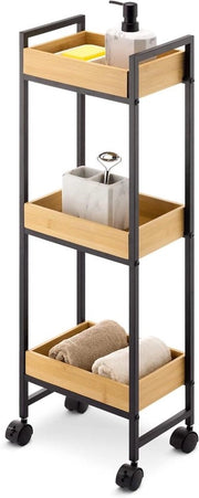 Cassa da bagno in bambù su ruote - Mobili per la stanza da bagno con ante - Naturale e funzionale