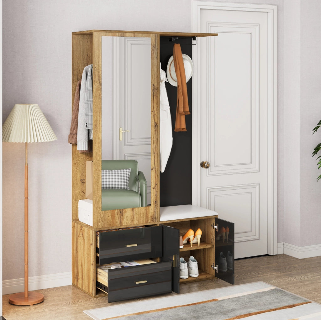 Mobile ingresso compatto nero e legno con specchio, attaccapanni estraibile, panca e scaffale porta scarpe