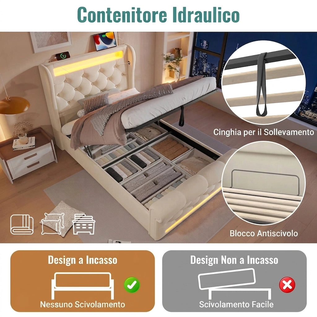 Letto matrimoniale alla francese con contenitore 140x200 cm; luci LED e prese USB/Type-C; letto imbottito in velluto beige