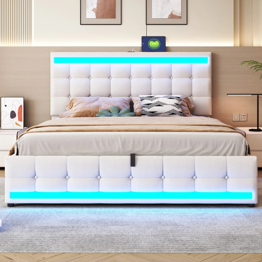 Letto matrimoniale imbottito 180x200 cm con LED RGB; USB e testiera regolabile; beige