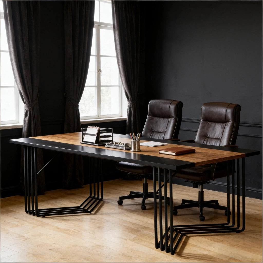 Tavolo rettangolare multifunzione 200x100x75 cm, struttura in metallo, MDF, colore nero e marrone rustico