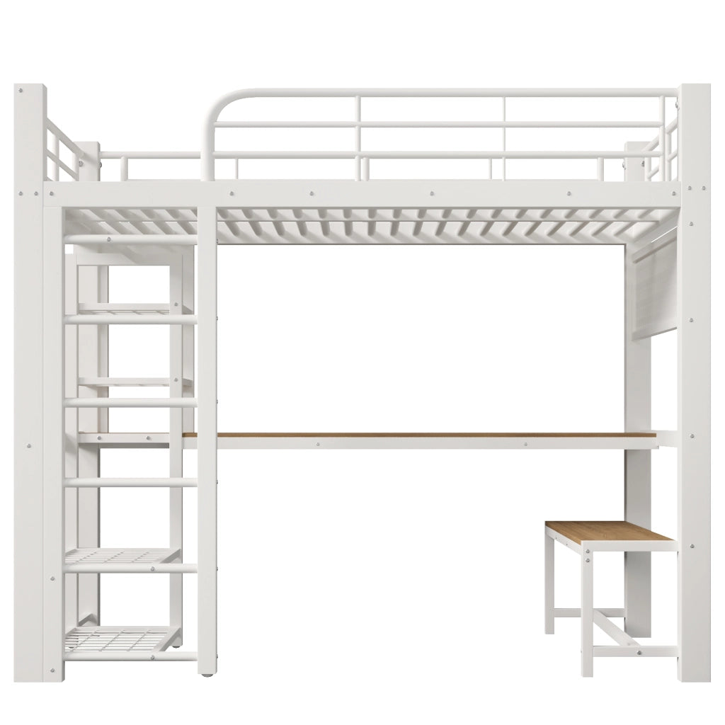 Letto a soppalco 90x200 cm in metallo bianco con scrivania; LED e ripiani