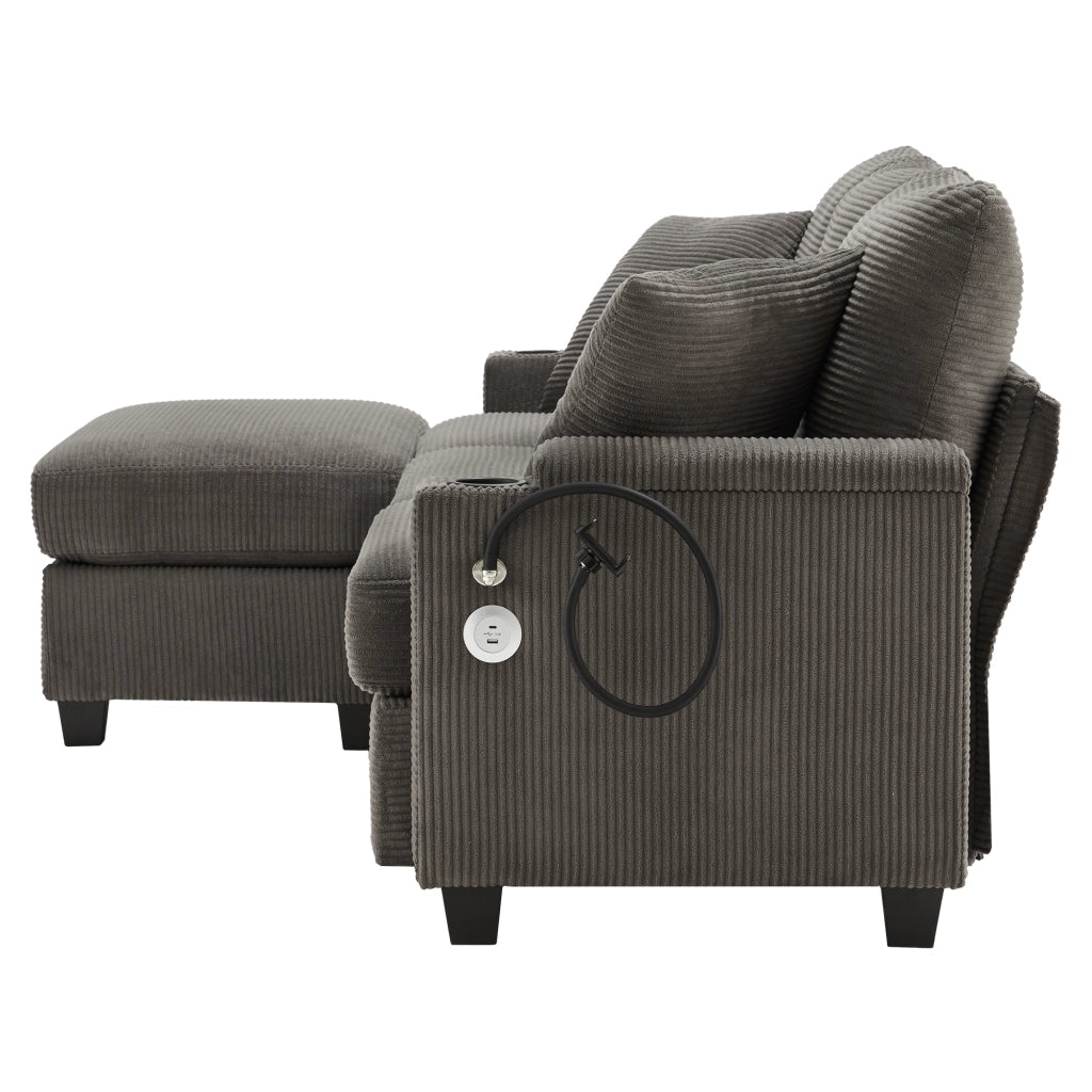 Divano Angolare 3 Posti con Poggiapiedi ¨C MINIMAL ¨C Grigio Scuro, Braccioli, Cuscini