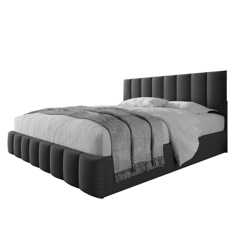 Letto matrimoniale imbottito 140x200 cm con contenitore idraulico, testiera regolabile e materasso, grigio