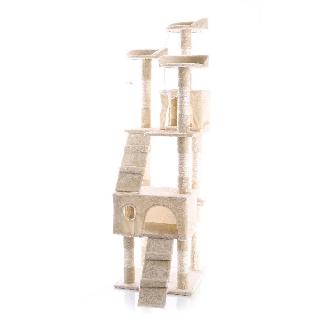 Albero tiragraffi beige 170 cm con piattaforme, cuccette e scale