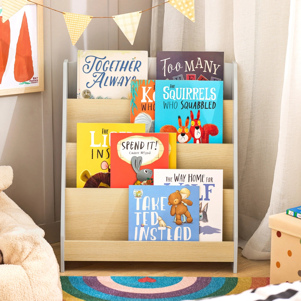 SoBuy Libreria per Bambini Scaffale a Scala Scaffale Portaoggetti Libreria a Scala Grigio-Naturale 61x30x71cm KMB106-HG