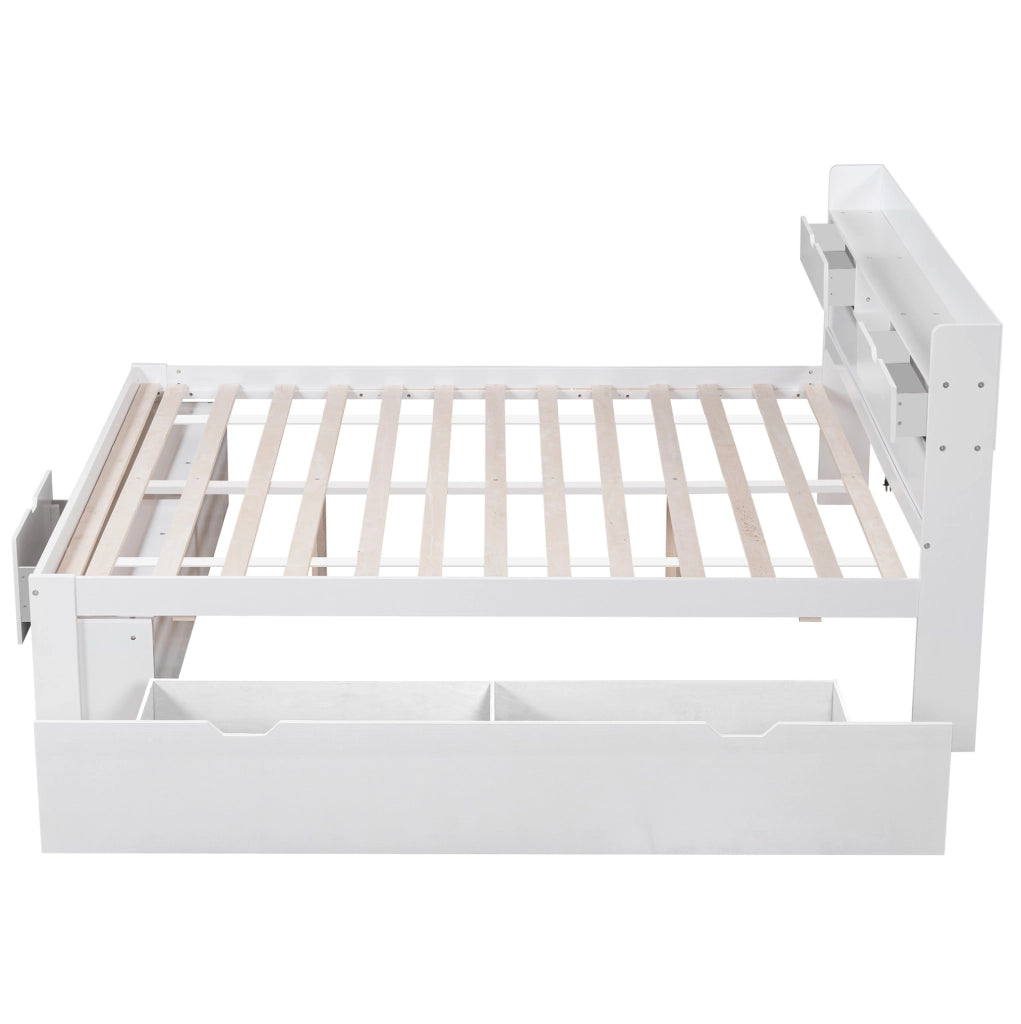 Letto 140x190 cm con USB; vani e cassetti; legno di pino e MDF bianco (Senza materasso)
