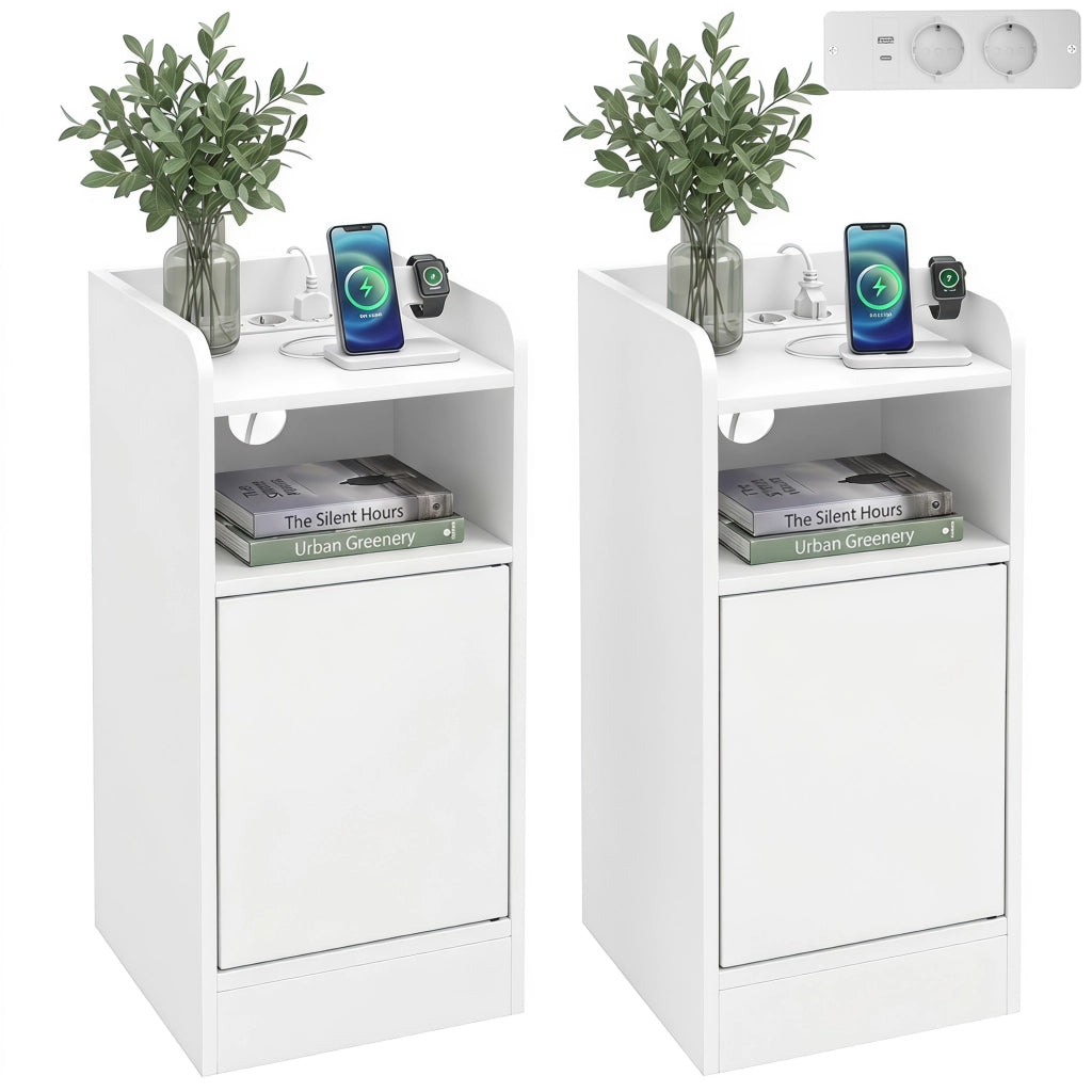 Set 2 Comodini Stretti da 25 cm con Stazione di Ricarica USB e Type-C Bianchi