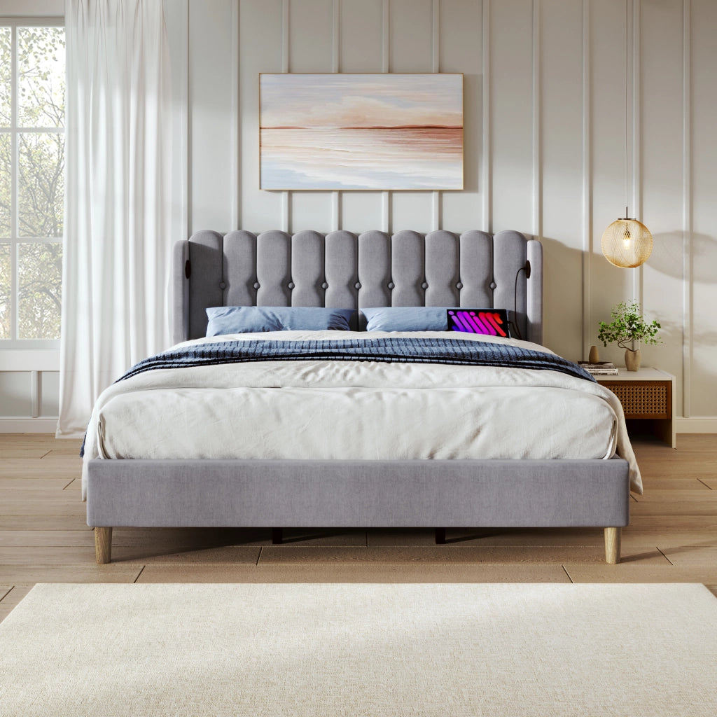 OKWISH Letto Matrimoniale 140×200 cm con USB, Tipo C e Testiera a Pannelli, senza Materasso, in Lino, Grigio