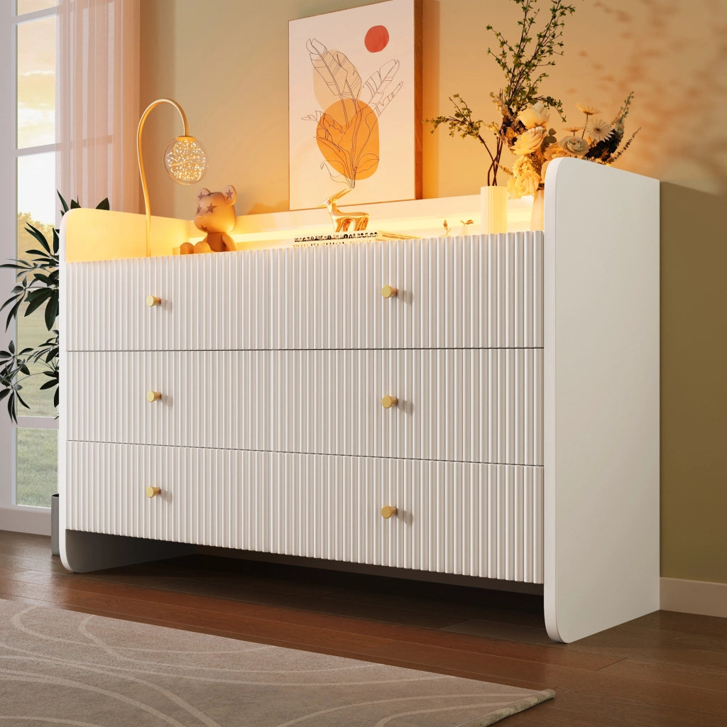 Credenza bianca con LED, 6 cassetti e design a onde, 120 x 40 x 75 cm