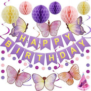 Decorazione per compleanno - Bandiera di compleanno azzurra - Sfera di miele - Farfalle - Vortici appesi - Carta leggera - Decorazione da festa