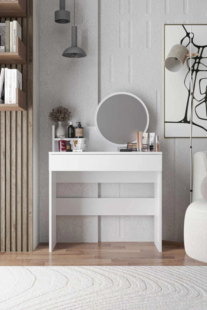 Comodino "Harmony Mini Round" con specchio in legno - 90 x 40 x 133 cm - Bianco