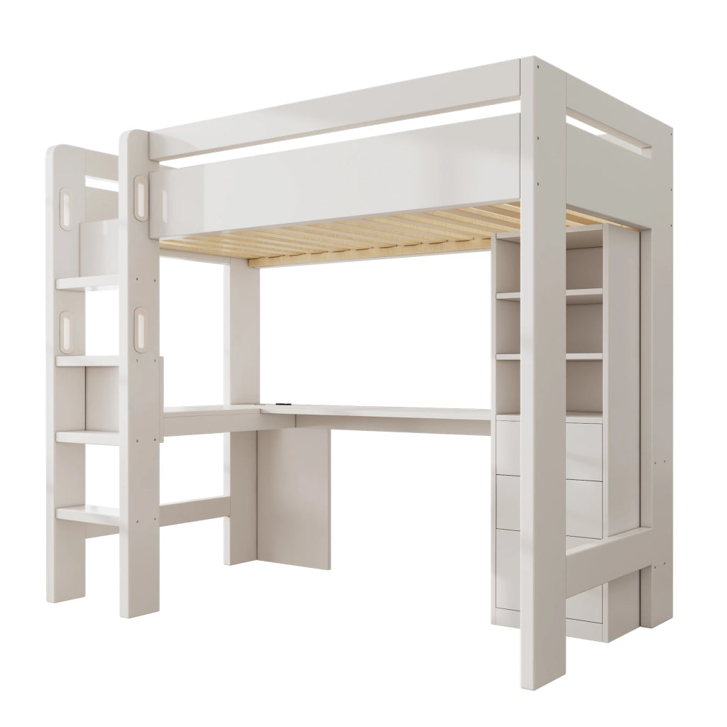 Letto alto con scrivania a L ripiani e cassetti funzione 90x200cm