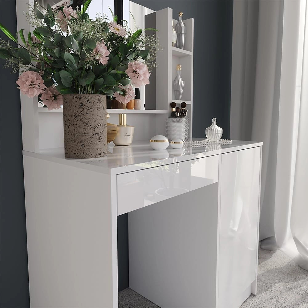 Tavolo da toeletta Sherry, Bianco/bianco lucido, 89.8 cm 3 parti