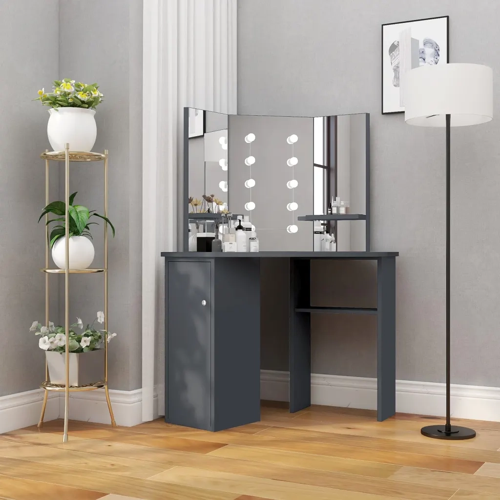 Tavolino da Trucco Angolare con LED Grigio 111x54x141,5 cm 326532