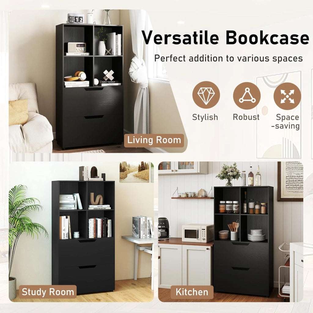 Libreria con 4 cubi e 2 cassetti, scaffale da libreria a piedi con kit antiribaltamento, mobile di stoccaggio autoportante per ufficio, soggiorno, ufficio casa (nero)
