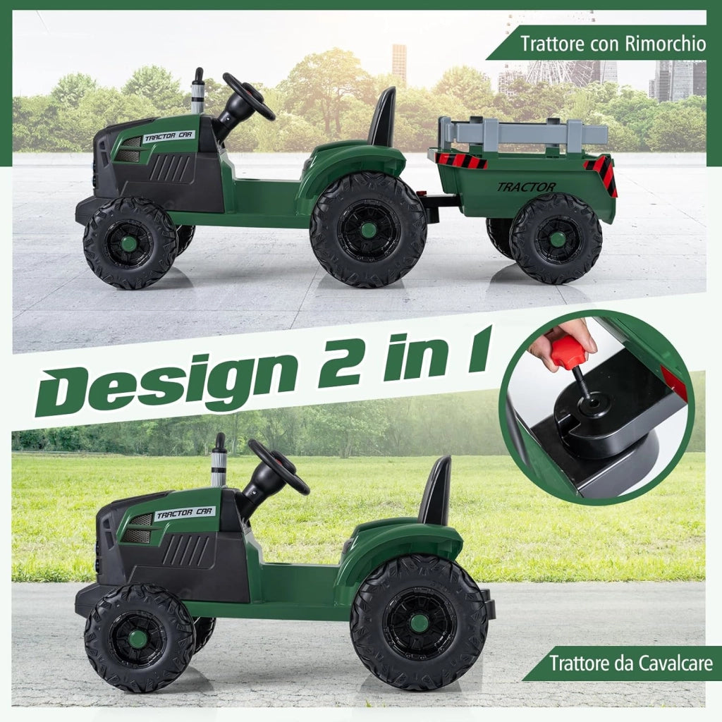 24V Trattore Elettrico per Bambini, Veicolo con Rimorchio Staccabile, Telecomando, Musica, Porta USB, Partenza Morbida, Fari LED, per Bambini 3-8 Anni (Verde)