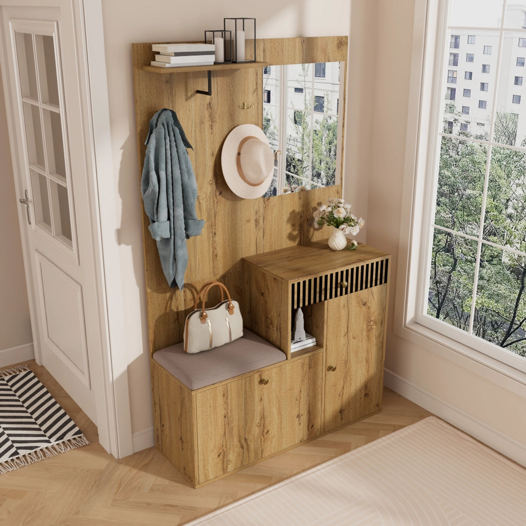 Set di Mobili da Ingresso con Scarpiera, Specchio, Panca Imbottita, Ripiani, MDF Nero Naturale