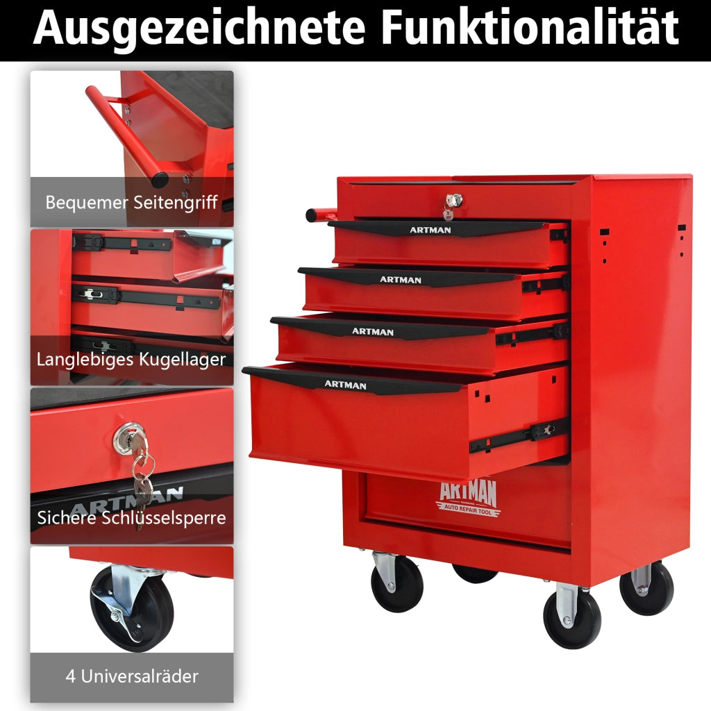 Carrello portautensili con 5 cassetti e ruote piroettanti, bloccabile, per garage, in acciaio, rosso nero 60 × 33 × 77,5 cm