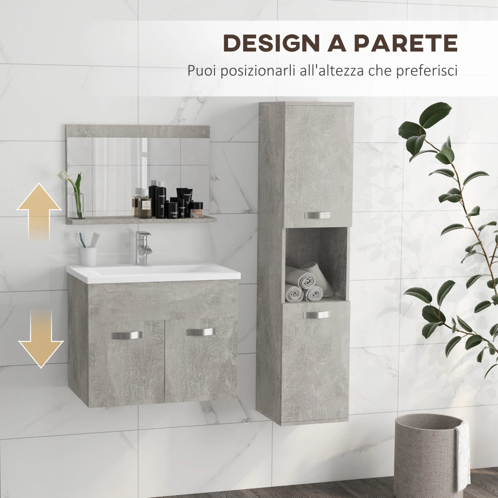 Easycomfort Set Mobili Bagno da 4 Pezzi con Lavabo da 60cm, Mobiletto, Colonna Bagno e Specchiera in Legno, Grigio