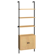 Libreria scala armadietto scaffale a scala a parete con ripiano regolabile-Libreria a 3 livelli con armadietto in rattan Legno naturale