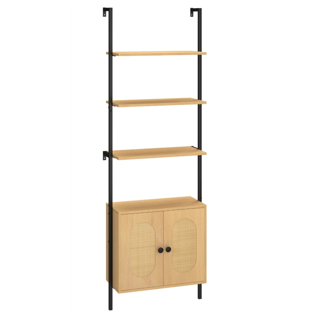 Libreria scala armadietto scaffale a scala a parete con ripiano regolabile-Libreria a 3 livelli con armadietto in rattan Legno naturale