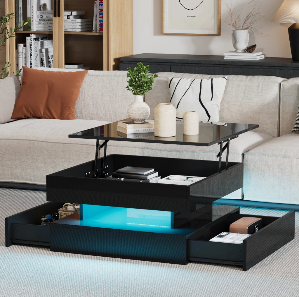 Tavolino da salotto quadrato sollevabile 65 x 65 x 38;5 cm in truciolare nero con LED e 2 cassetti