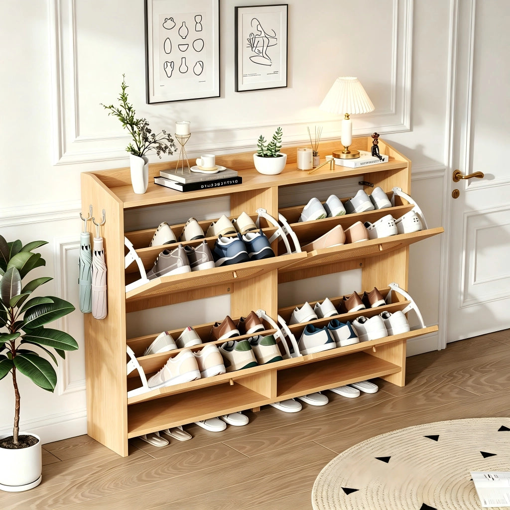 Scarpiera con 4 ante a ribalta; 8 scomparti e 2 ganci; per ingresso; in MDF; naturale; 120 × 24 × 90 cm