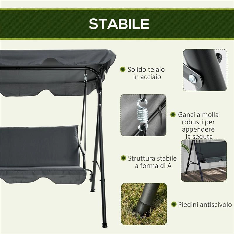 DONDOLO 3 POSTI CON TETTUCCIO REGOLABILE E CUSCINI, IN ACCIAIO E POLIESTERE, 172X110X153 CM, GRIGIO