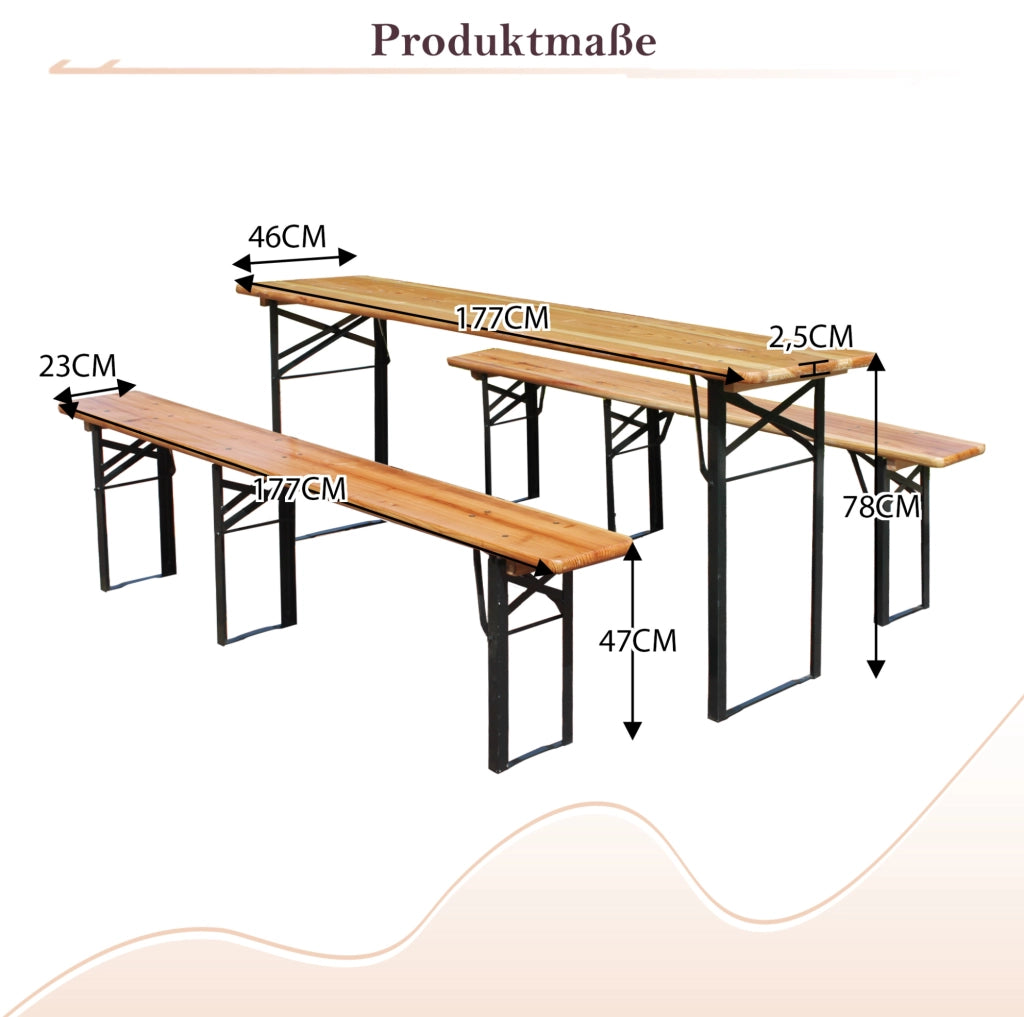 Set birreria pieghevole 177x46x78 cm; struttura rinforzata; metallo; colore naturale
